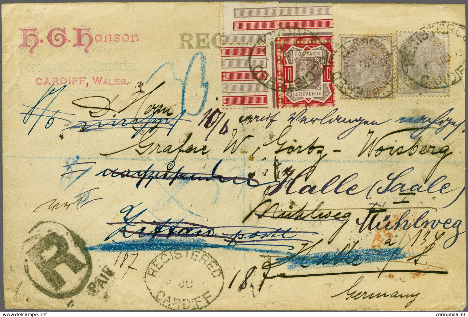 Cover 1895 Postally Used Fiscal On Envelope (opened At Right) Sent Registered From Cardiff 1895 To Germany Bearing Two 1 - Revenue Stamps