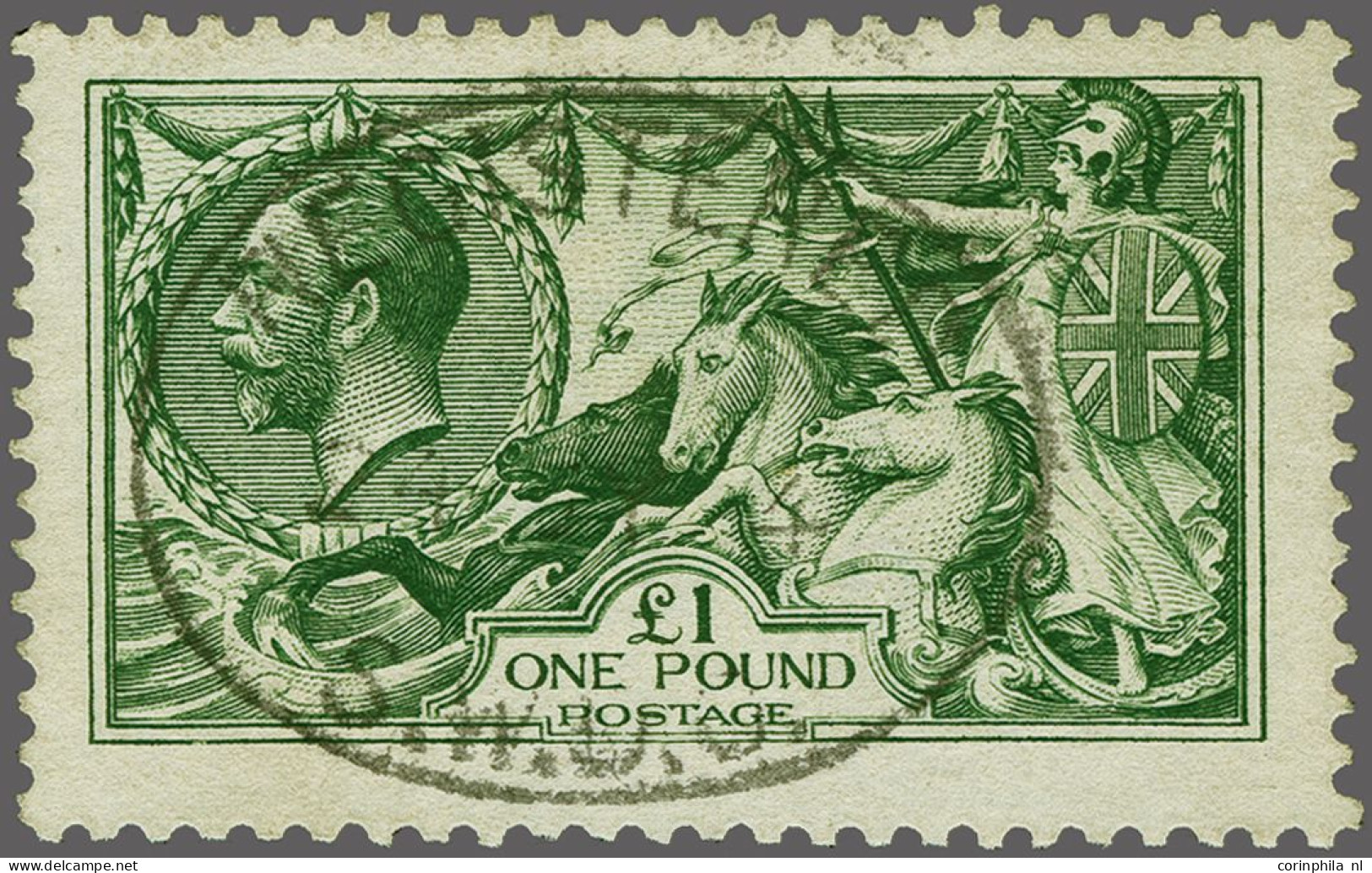 1913 Seahorses £1 Green, A Fine To Very Fine Used Ex. With An Oval Registered Postmark, Cat. £ 1400 - Oblitérés