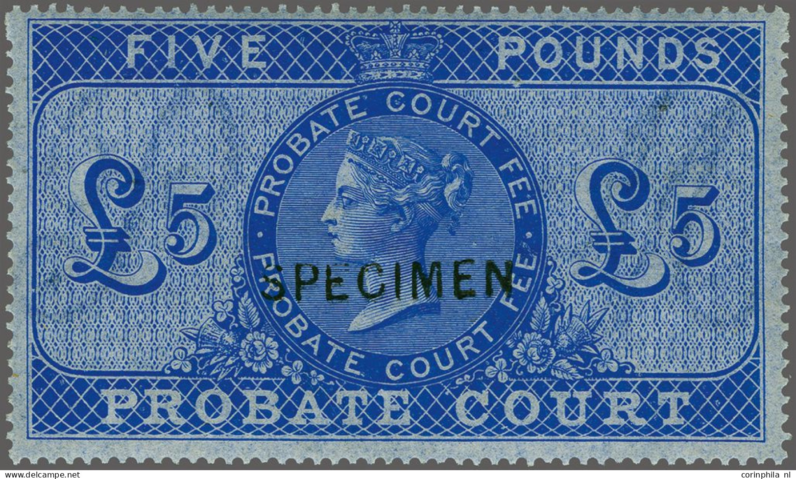 Unmounted Mint 1860 Probate Court 3d., 6d., 1s., 2s.6d., 5s., 10s., £1 And £5 Ultramarine All Overprinted Specimen, A Fi - Fiscales