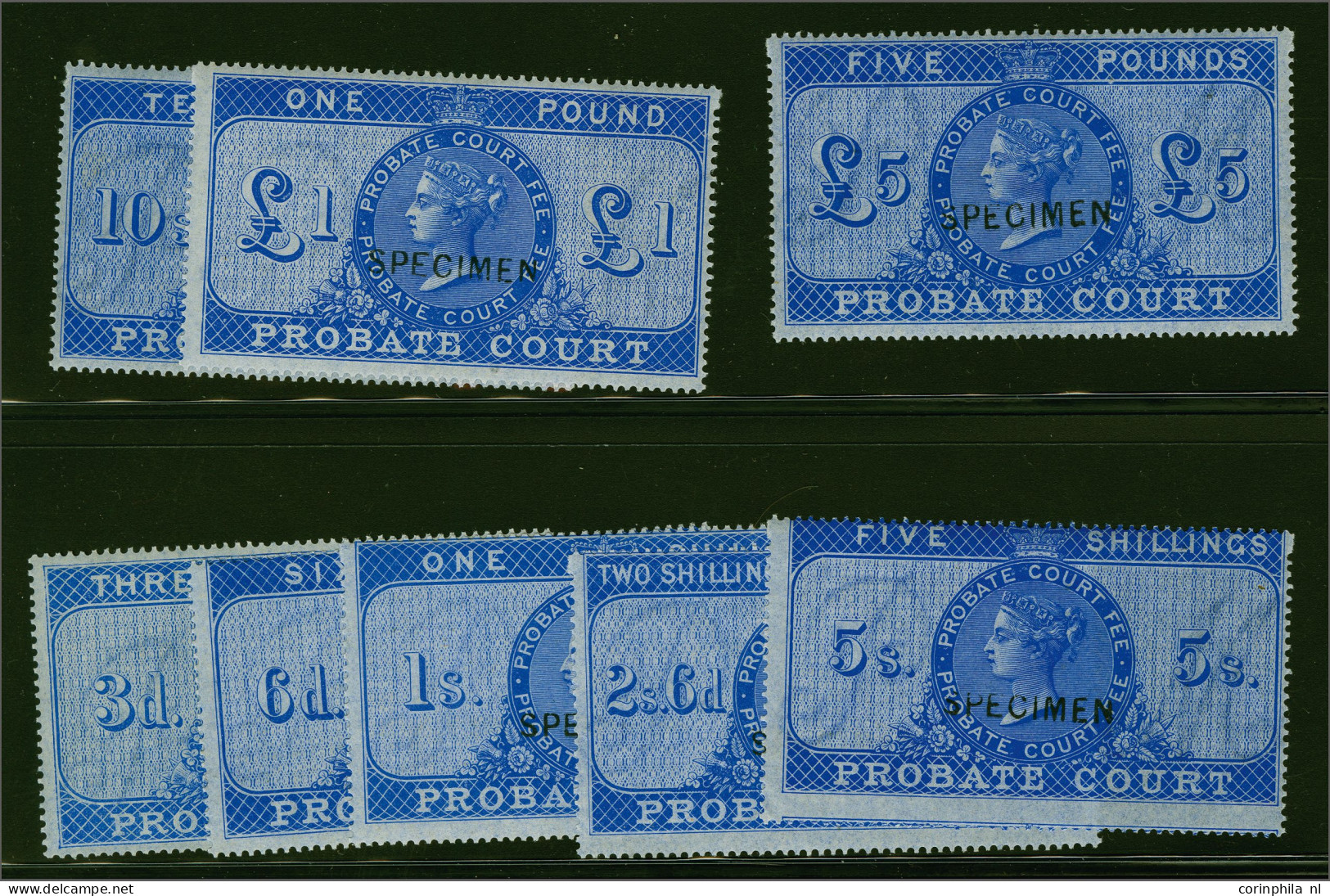 Unmounted Mint 1860 Probate Court 3d., 6d., 1s., 2s.6d., 5s., 10s., £1 And £5 Ultramarine All Overprinted Specimen, A Fi - Revenue Stamps