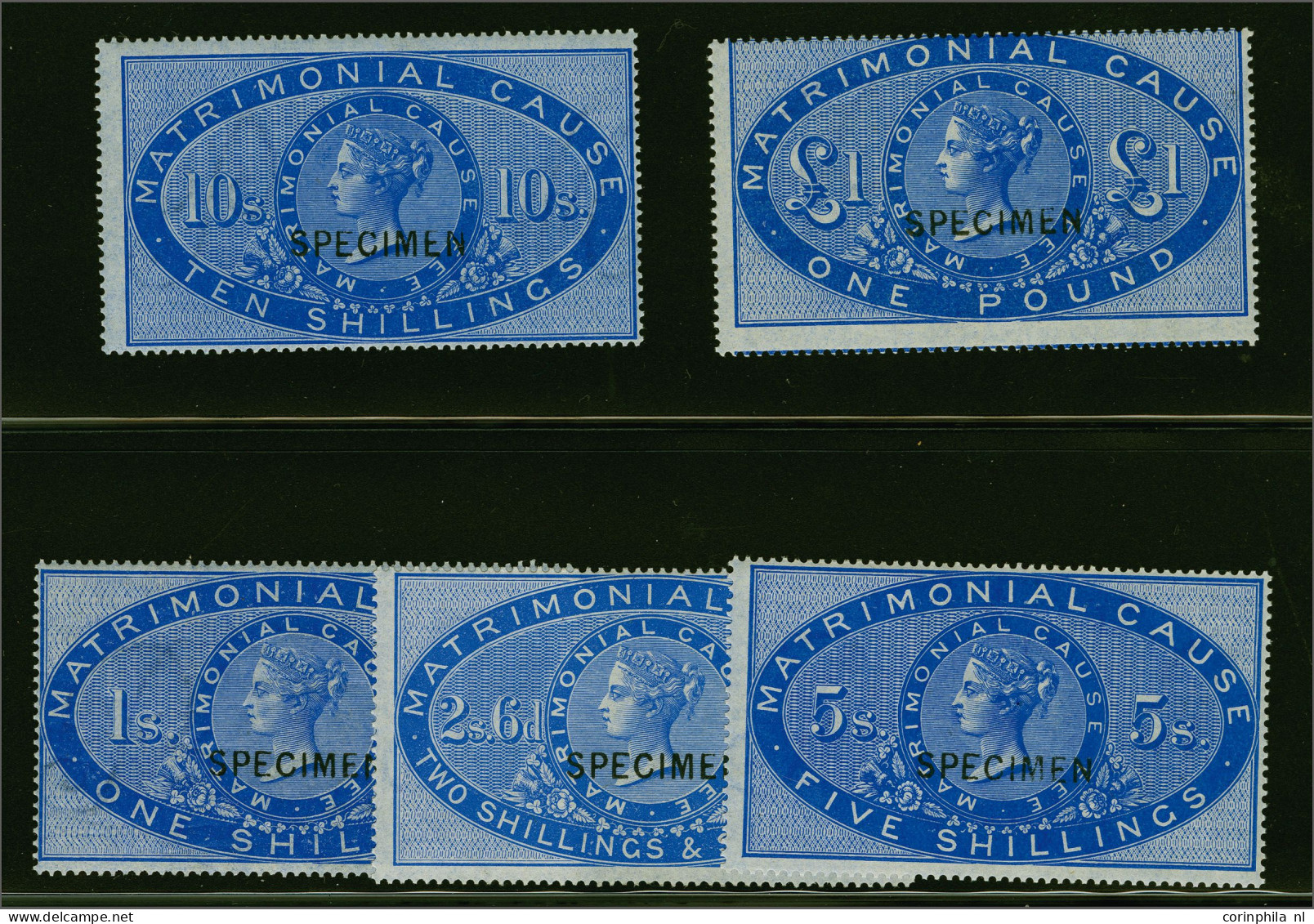 Unmounted Mint 1866 Matrimonial Cause 1s., 2s.6d., 5s., 10s. And £1 Ultramarine All Overprinted Specimen, A Fine To Very - Revenue Stamps