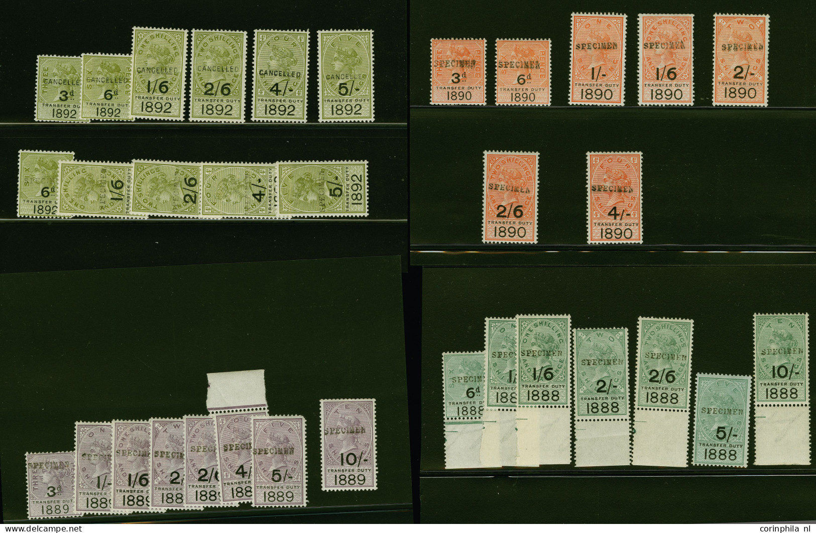 Unmounted Mint 1888-1892 Transfer Duty, A Fine Group In Green, Violet, Orange And Olive Green Up To 10s. All Overprinted - Fiscaux