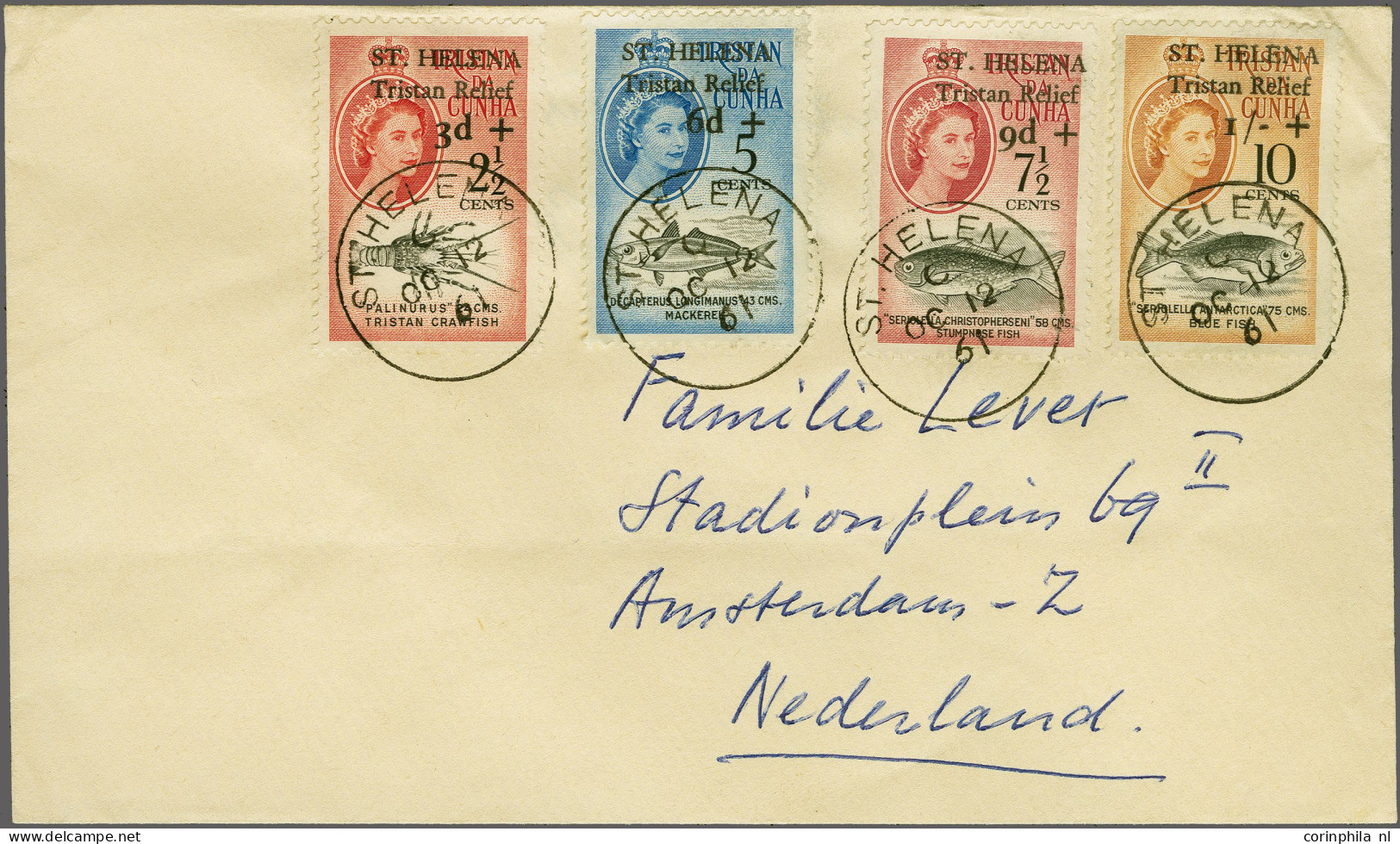 Cover 1961 Tristan Relief Surcharges, Set Of Four On Envelope Sent On 12-10-1961 (first Day Of Issue) By Mr. Lever Who W - Saint Helena Island