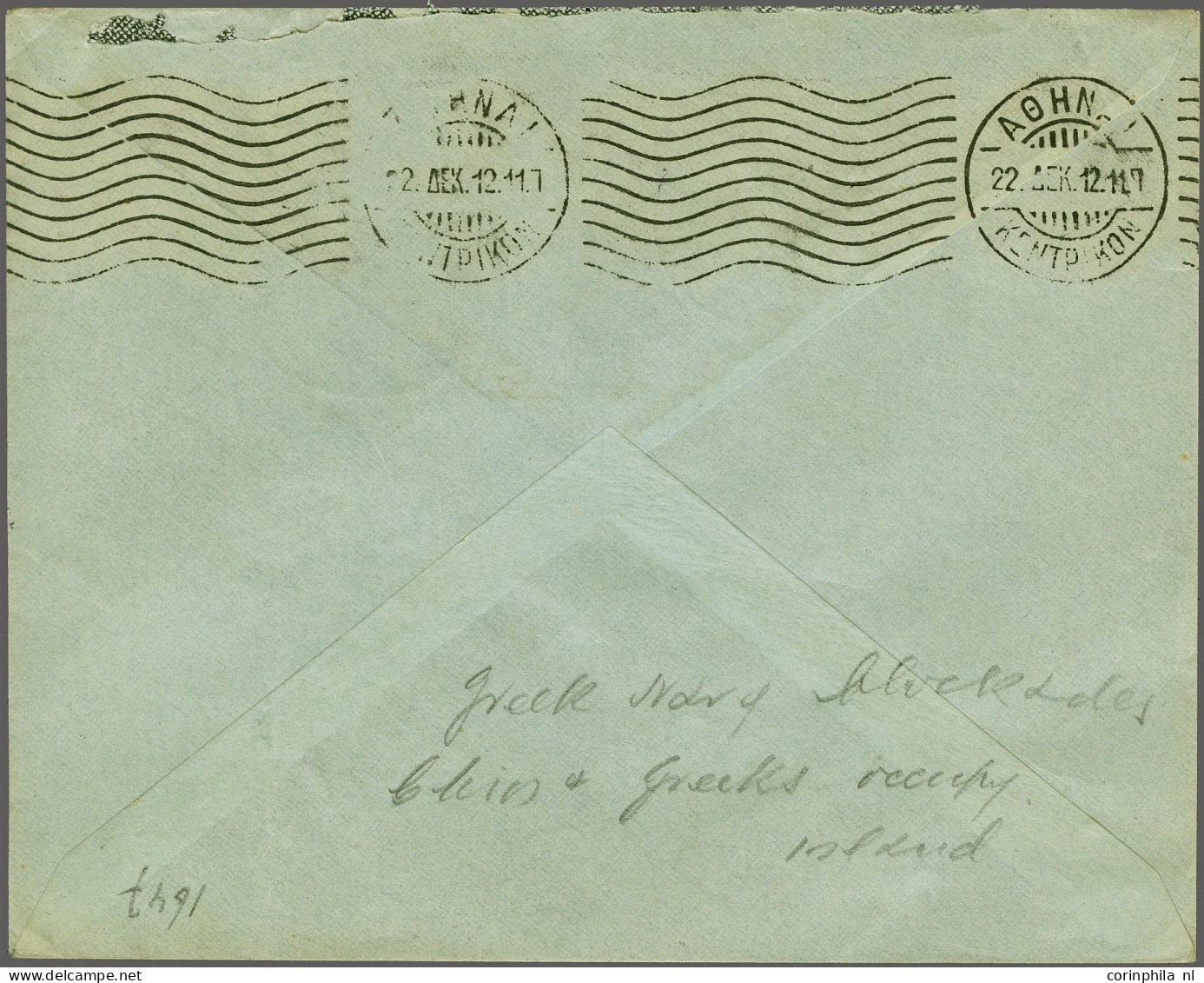 Cover Cover From The Russian Office On Chios With Negative Postmark Chio Poste Russe Gratuit In Black Blue 19-12-1917 To - Autres & Non Classés