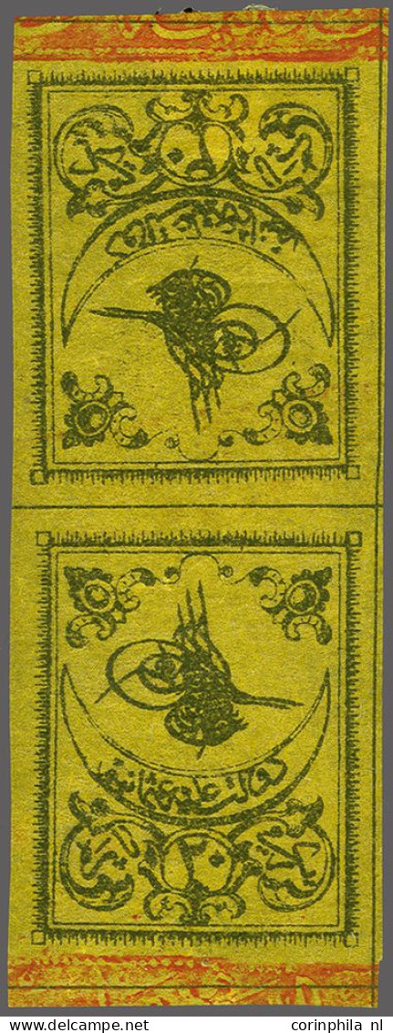 Mounted Mint Tugrah 20 Para Black On Yellow On Thin Paper In Vertical Tete-beche Pair (Burak Nr. 3T), Fine/very Fine Mou - Other & Unclassified