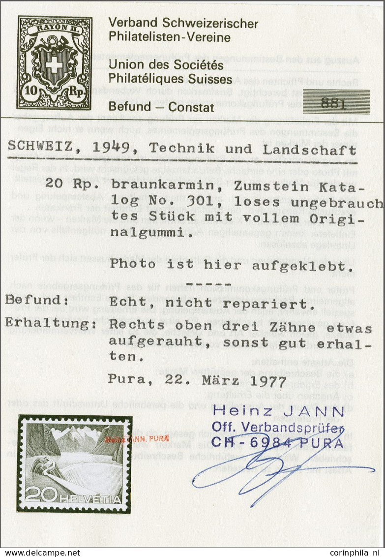 Mounted Mint Grimsel Stausee 20 Centimes Brown Carmine Urtype (Zst. Nr. 301), Very Fine Mounted Mint With 1977 Heinz Jan - Other & Unclassified