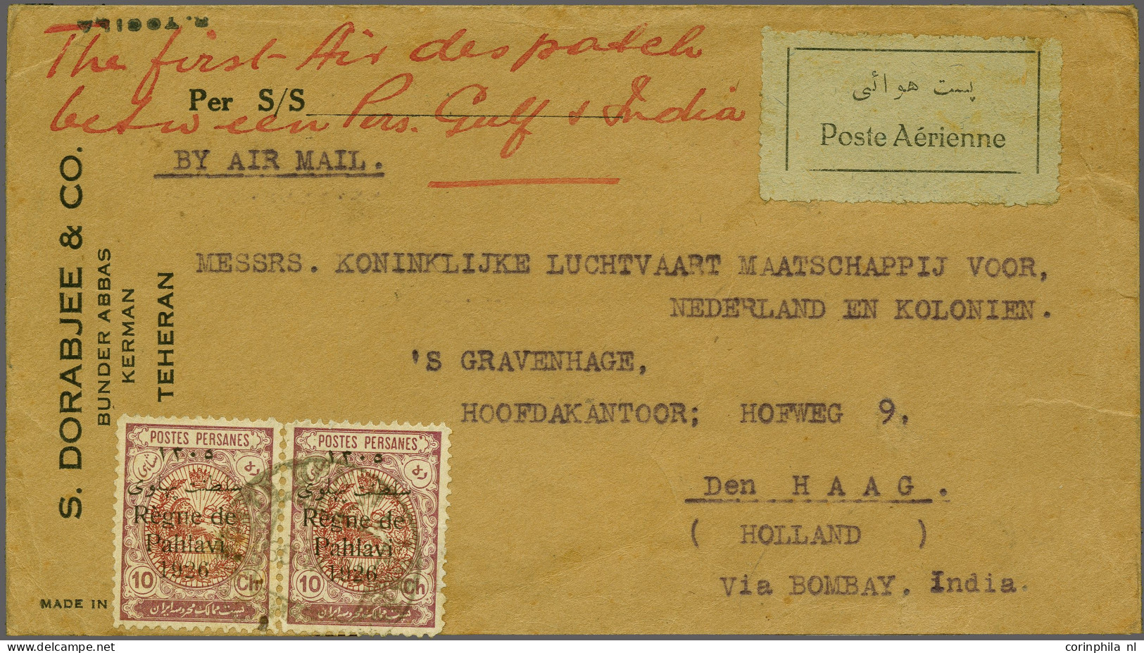 Cover , Airmail Commercial Cover 1-10-1928 From Bender Abbas To Amsterdam Carried On The KLM Plane H-NAFC On The Leg Dja - Irán