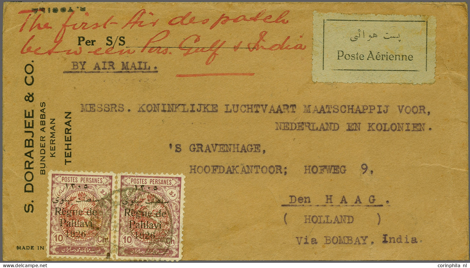 Cover , Airmail Commercial Cover 1-10-1928 From Bender Abbas To Amsterdam Carried On The KLM Plane H-NAFC On The Leg Dja - Iran