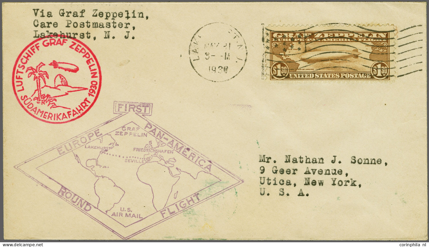 Cover , Airmail Air Mail, Graf Zeppelin $ 1,30 Brown On Cover Pan-America Flight (Sieger 64G) To Betlehem, Pennsylvania, - Other & Unclassified