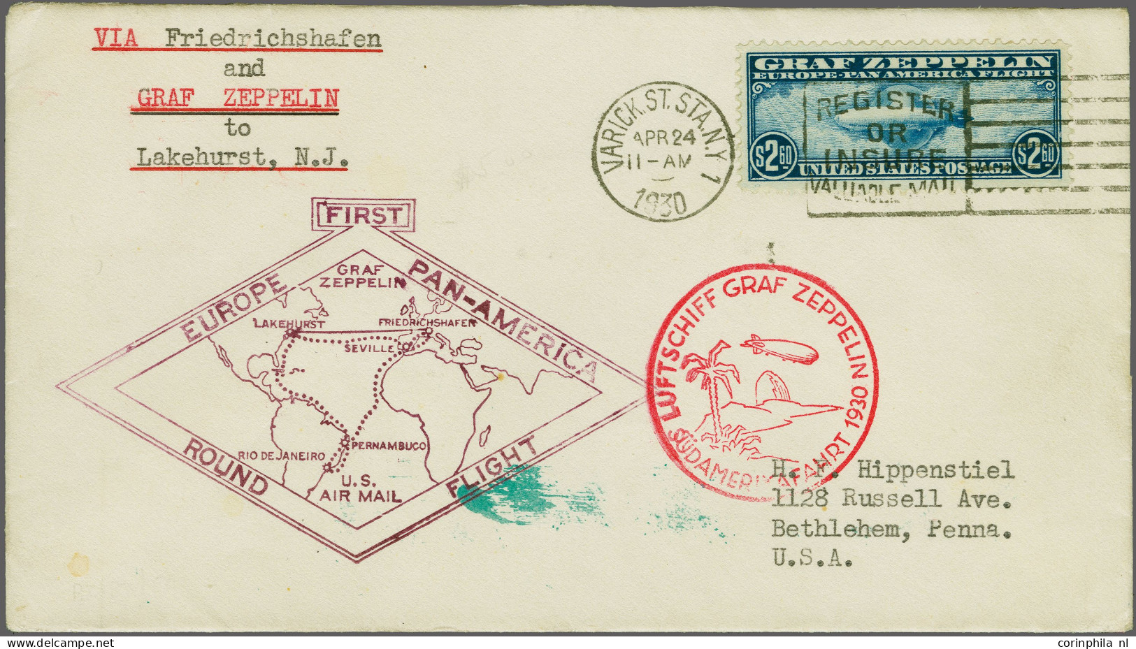 Cover , Airmail Air Mail, Graf Zeppelin $ 2,60 Blue On Cover Pan-America Flight (Sieger 64H) To Utica, New York, Very Fi - Otros & Sin Clasificación