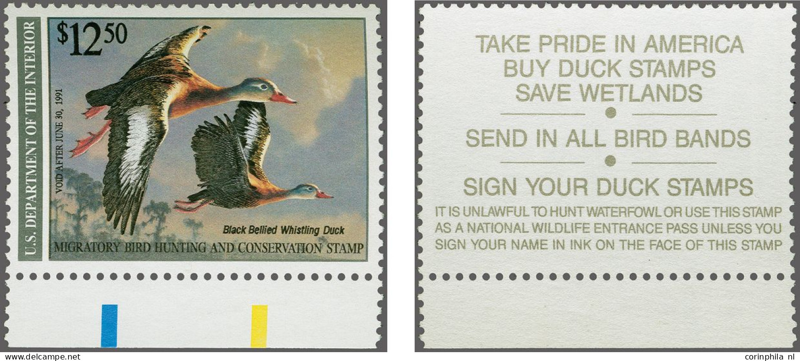 Without Gum 1990 Hunting Permit Stamp $ 12,50 - Black Bellied Whistling Duck - With The Error Black Inscription Printed  - Otros & Sin Clasificación