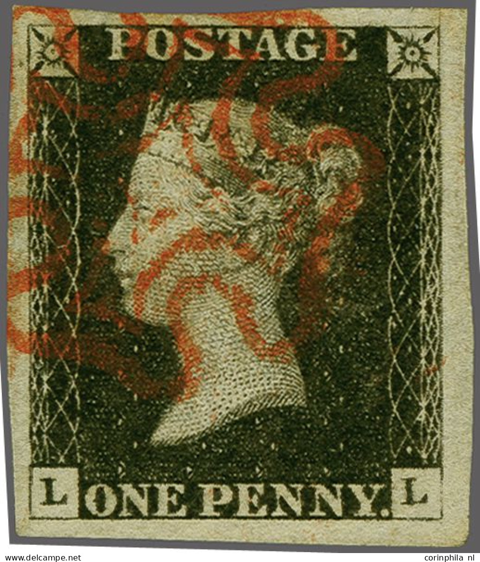 1840 1d. Plate 6. Fine Group Of Four Ex., All Four Margins LL, OG And QL With Red Maltese Crosses, And PF With Black Mal - Gebraucht