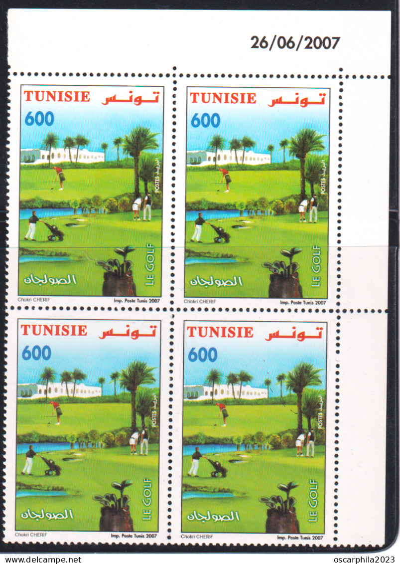 2007-Tunisie/Y&T1599- Journée Nationale Du Tourisme, Terrain De Golf  - Bloc De 4 Coin Daté 4V-MNH***** - Other & Unclassified