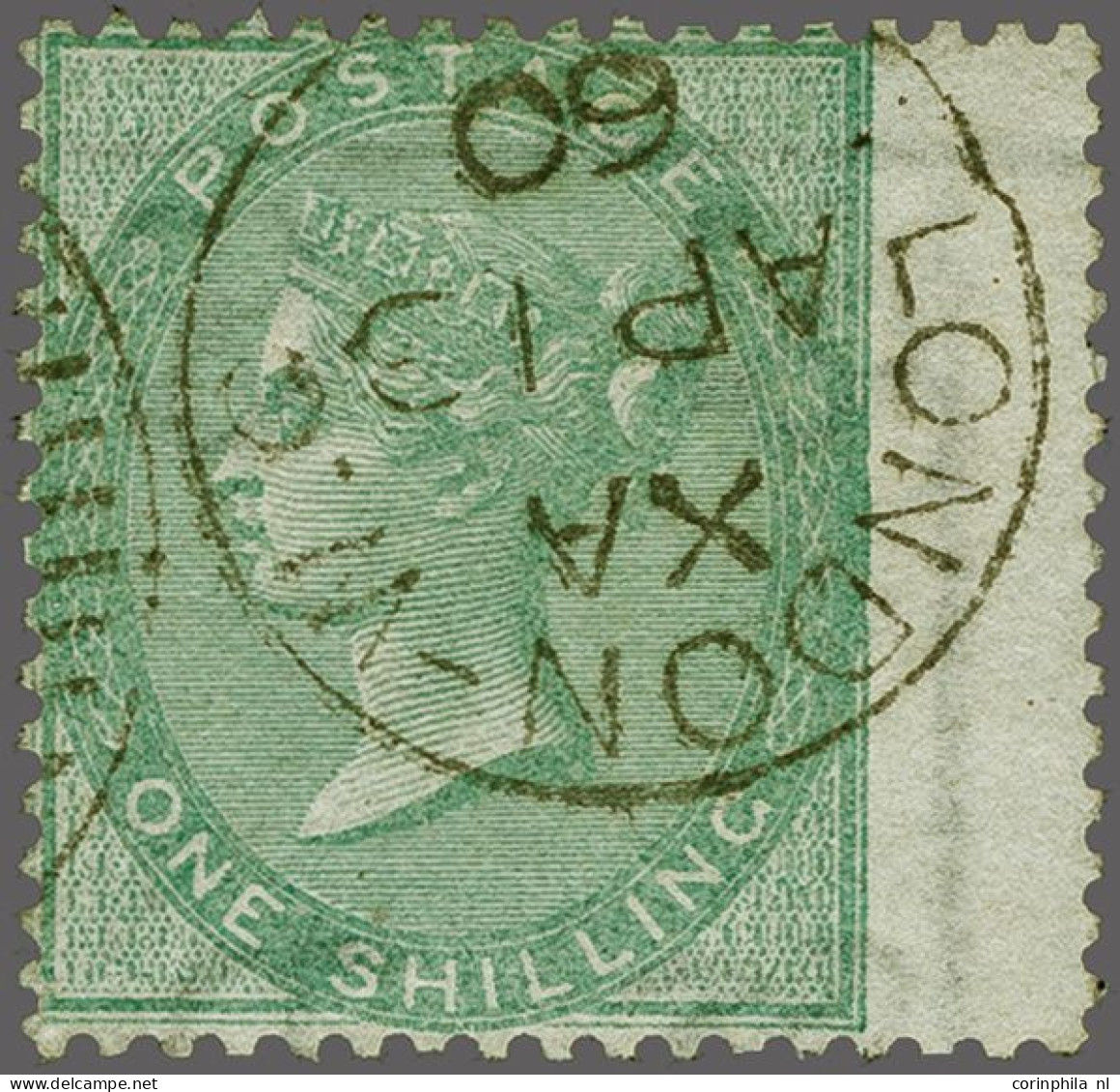 1856-1865 1s. Green, A Fine Group Of 10 Examples With Cds (2x), Including Wing Margins (7x) Cat. £ 3000 - Gebruikt