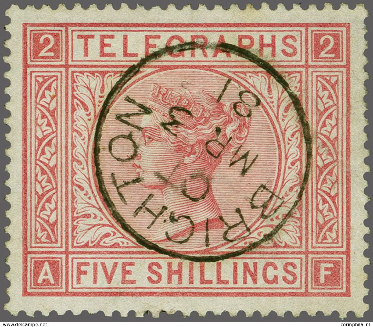 1881 5s. Rose Plate 2 (AF) Perf 14, A Very Fine Example Cancelled With A Superb Strike Of The Brighton Cds 1881, - A Dif - Servizio