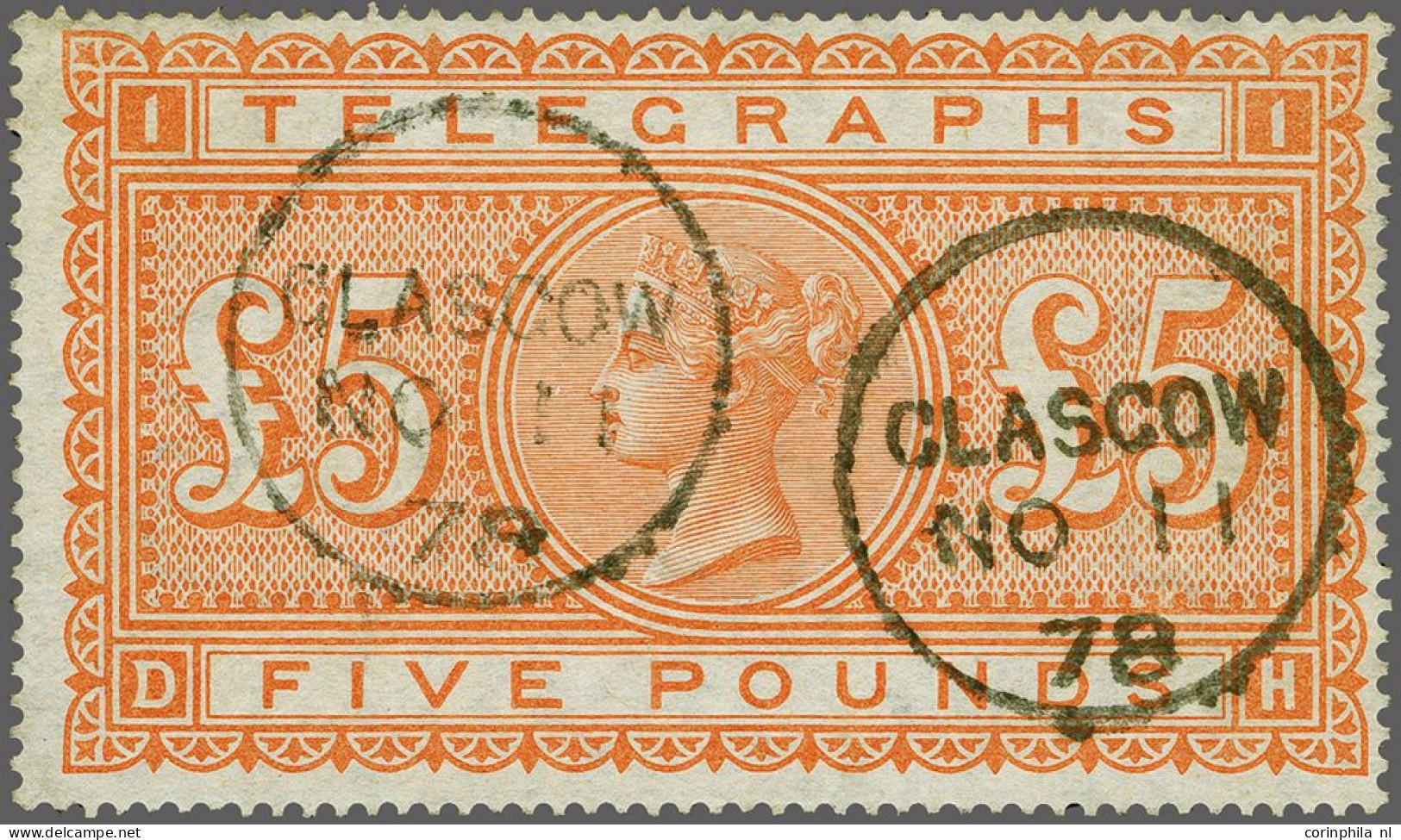 1877 £5 Orange (DH) A Very Fine Example Cancelled With Two Good Strikes Of The Glasgow Cds 1878  - A Very Scarce Stamp W - Oficiales