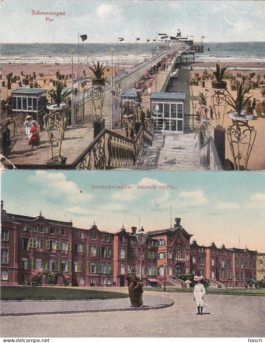 2606      453         Scheveningen, Oranje Hotel 1915 (linksonder Een Vouw) – Pier. (2 KAARTEN) (linksonder - Scheveningen