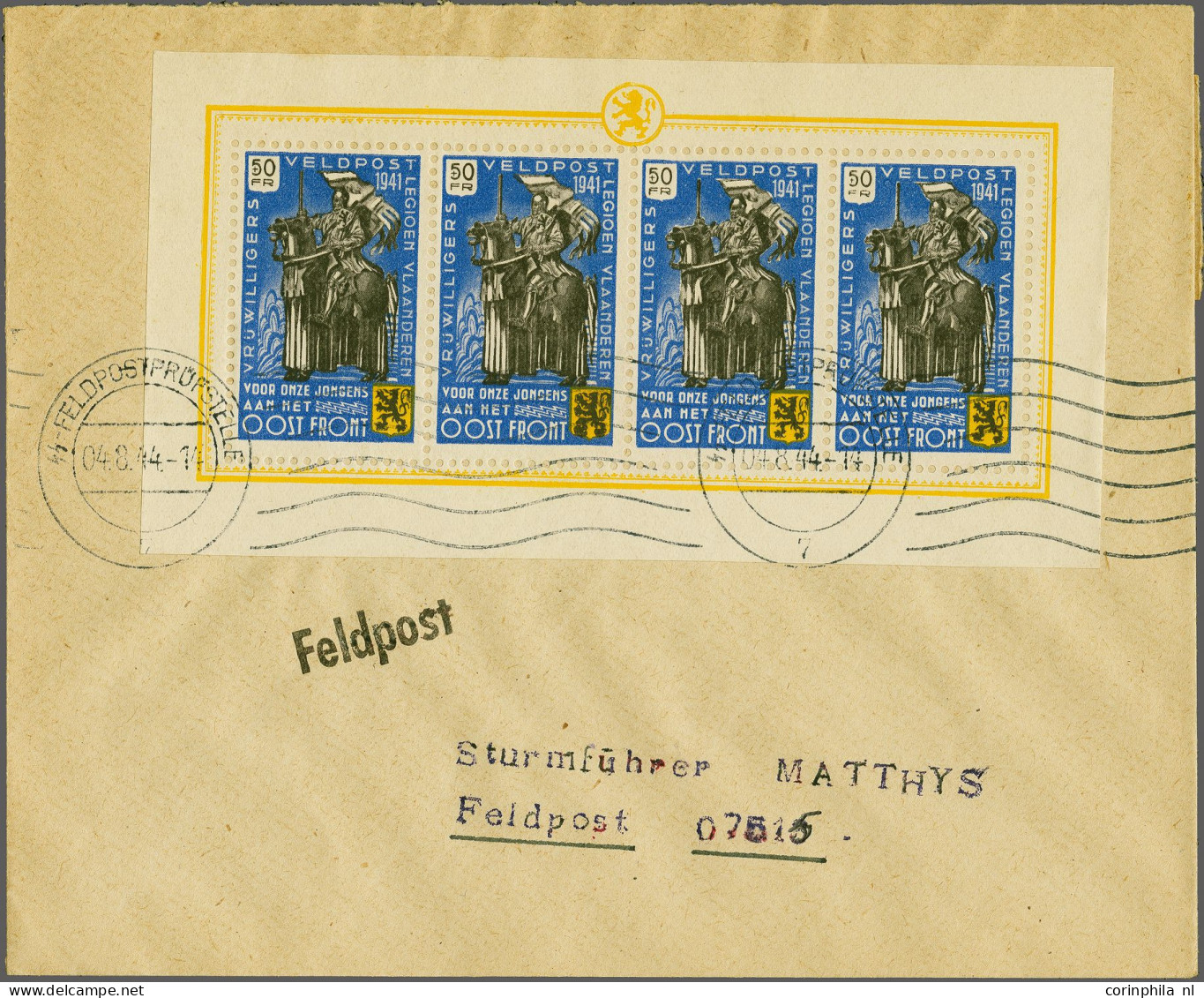 Cover , Block Flemish Legion, 50F In Sheetlets Of 4 On 4 Philatelic Covers (dated 4-8-1944) To The Same Fieldpost Office - Erinnophilia [E]