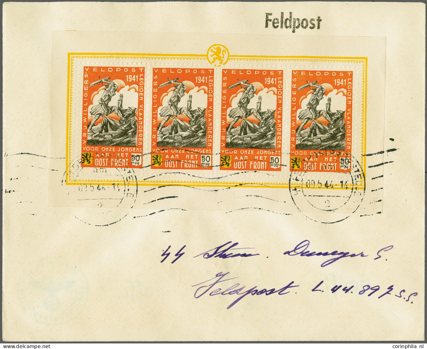 Cover , Block Flemish Legion, 50F In Sheetlets Of 4 On 4 Philatelic Covers (dated 9-5-1944) To Different SS Fieldpost Of - Erinofilia [E]