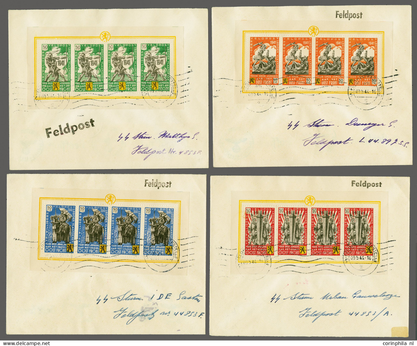 Cover , Block Flemish Legion, 50F In Sheetlets Of 4 On 4 Philatelic Covers (dated 9-5-1944) To Different SS Fieldpost Of - Erinnophilia [E]