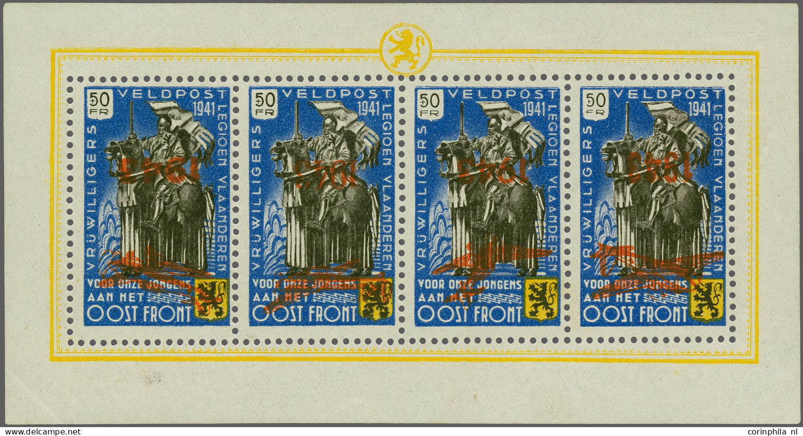 Unmounted Mint , Block Flemish Legion 50F Blue With 1943 Airplane With Variety Inverted Overprint In Sheetlet Of 4, Sign - Erinofilia [E]