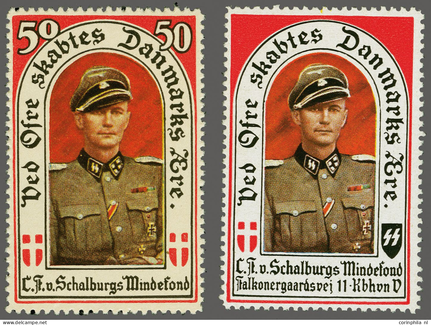 Unmounted Mint 1944, Danish Legion 50Ø Memorial Charity Label Of The Freikorps Danmark Commander Christian Frederik Von - Feldpost 2e Guerre Mondiale