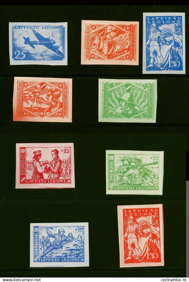 Without Gum 1944, Latvian Legion, Proofs, 8 Different Designs, Without Gum On Glaced Paper - Feldpost World War II