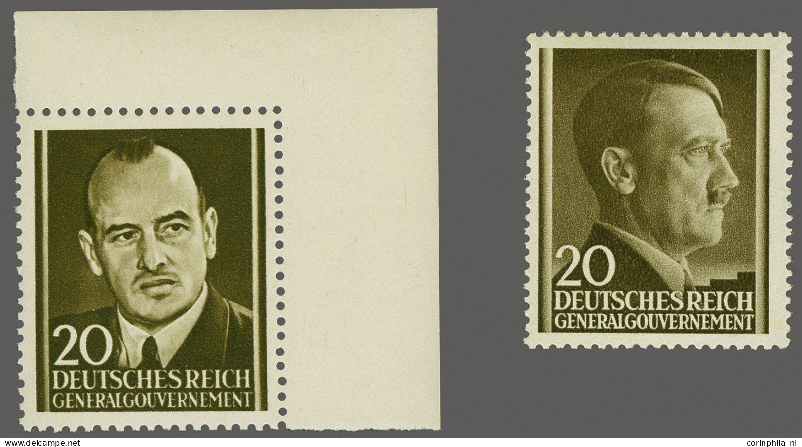 Unmounted Mint Generalgouvernement 1943, Hans Frank 20 Groszy Dark Olive Brown With Sheet Corner Margin, British Propaga - War And Propaganda Forgeries