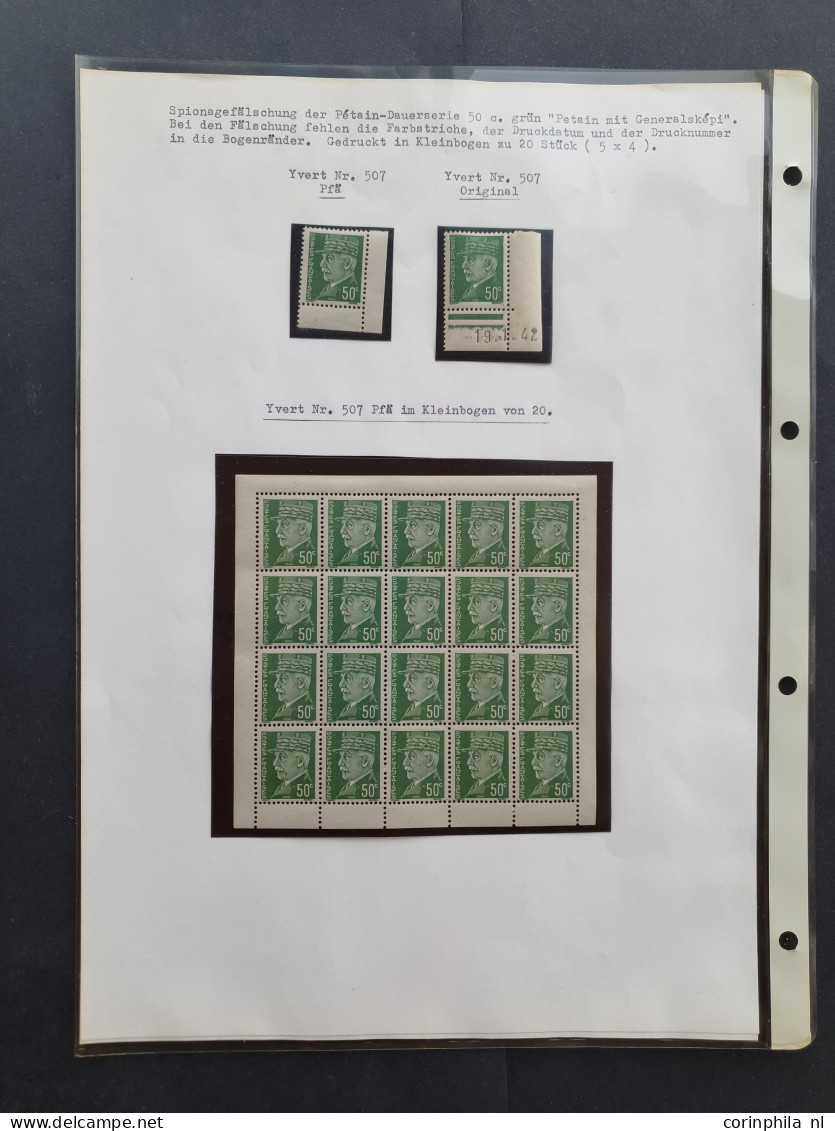 Unmounted mint British propaganda forgeries of France including Pétain 1.50 Franc pink with bottom corner sheet margin *