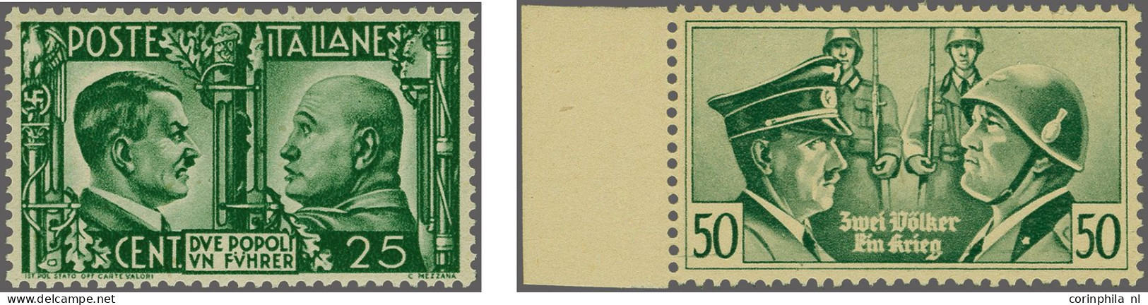 Mounted Mint Italy, 1943 - Hitler/Mussolini 25 And 50c Green, 50c With Sheet Margin Left, Fine/very Fine - Faux & Propagande De Guerre