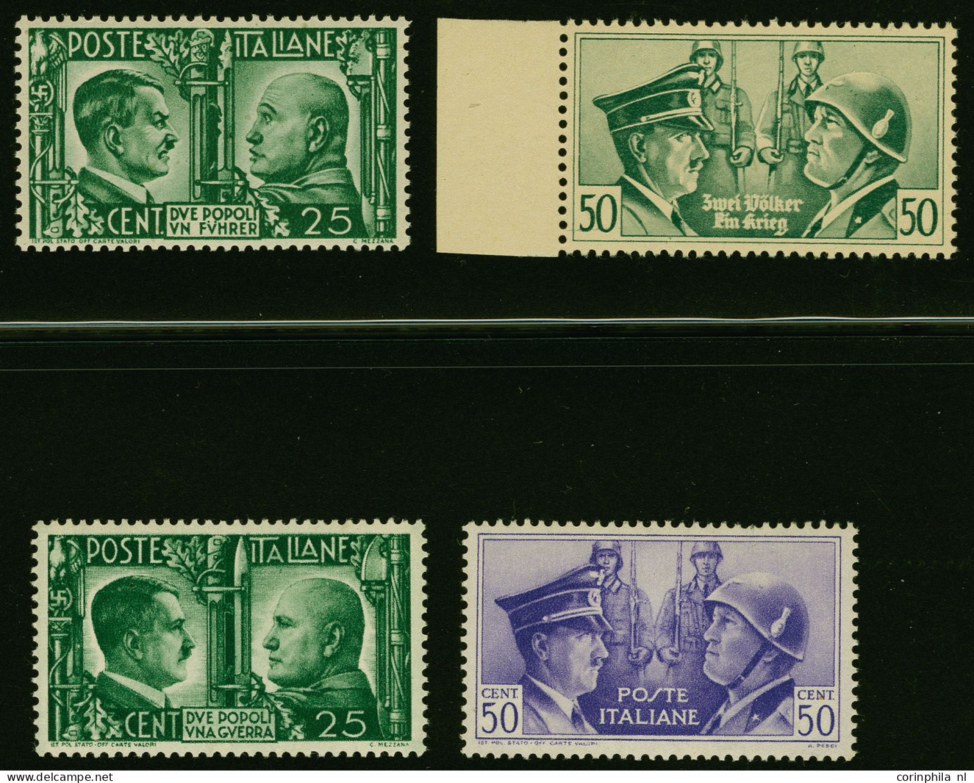 Mounted Mint Italy, 1943 - Hitler/Mussolini 25 And 50c Green, 50c With Sheet Margin Left, Fine/very Fine - War And Propaganda Forgeries