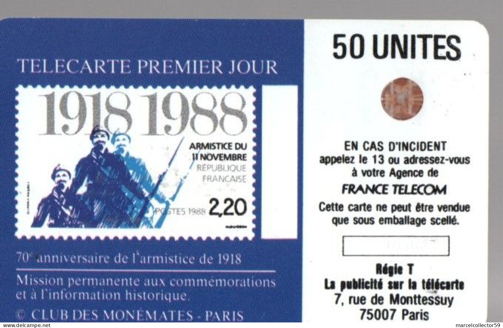 Télécarte - Armistice 70e Anniversaire -1988 50u - - 1988