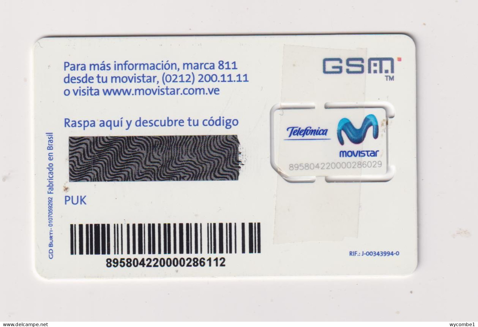 VENEZUELA  - Movistar Unused Chip SIM Phonecard (Chip 2 Tape Reinforced) - Venezuela