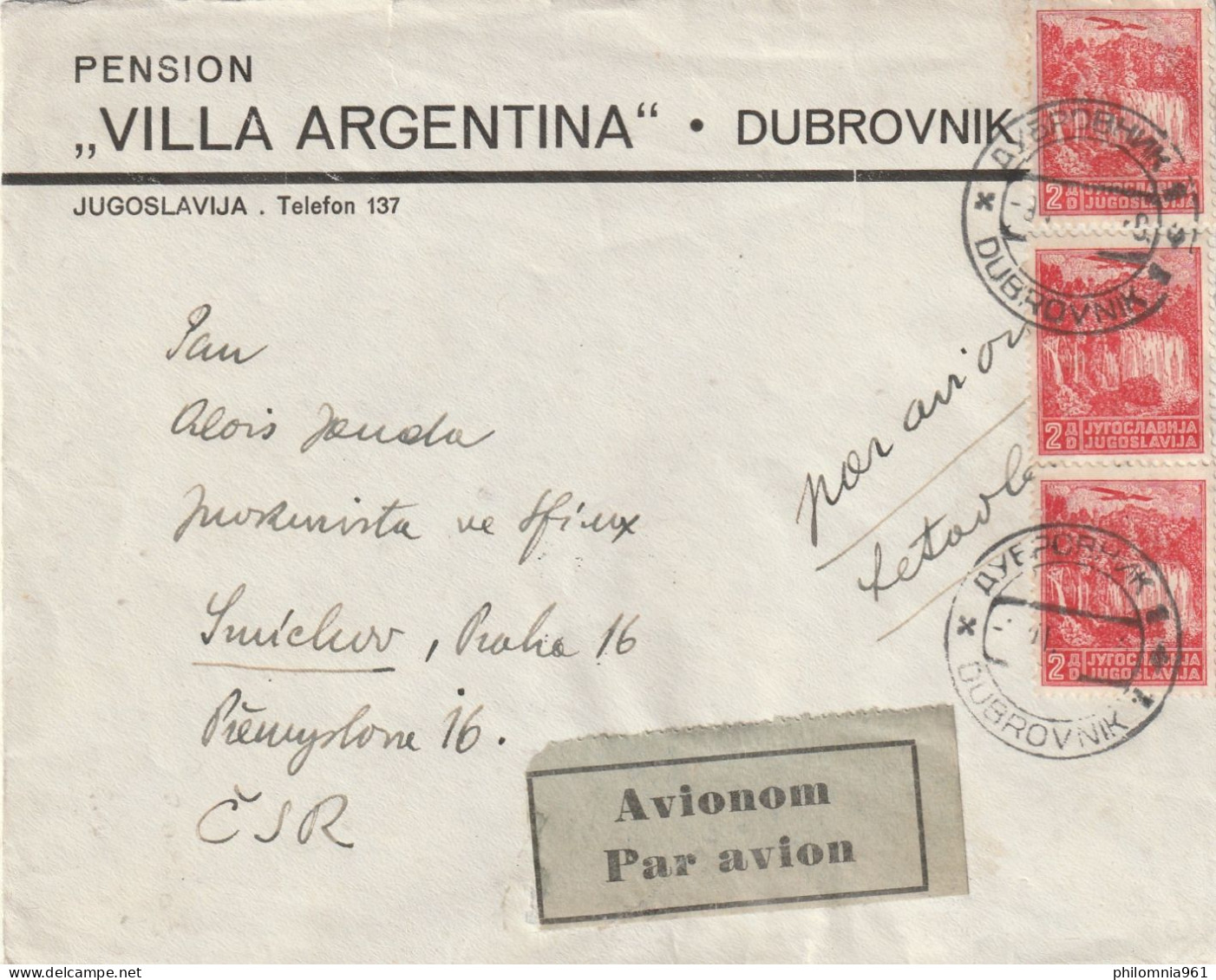 Yugoslavia Dubrovnik AIRMAIL COVER To Czechoslovakia 1935 - Covers & Documents