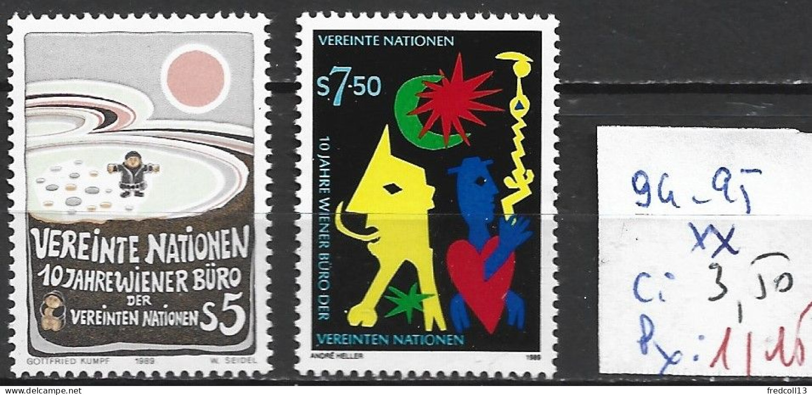 NATIONS UNIES OFFICE DE VIENNE 94-95 ** Côte 3.50 € - Unused Stamps