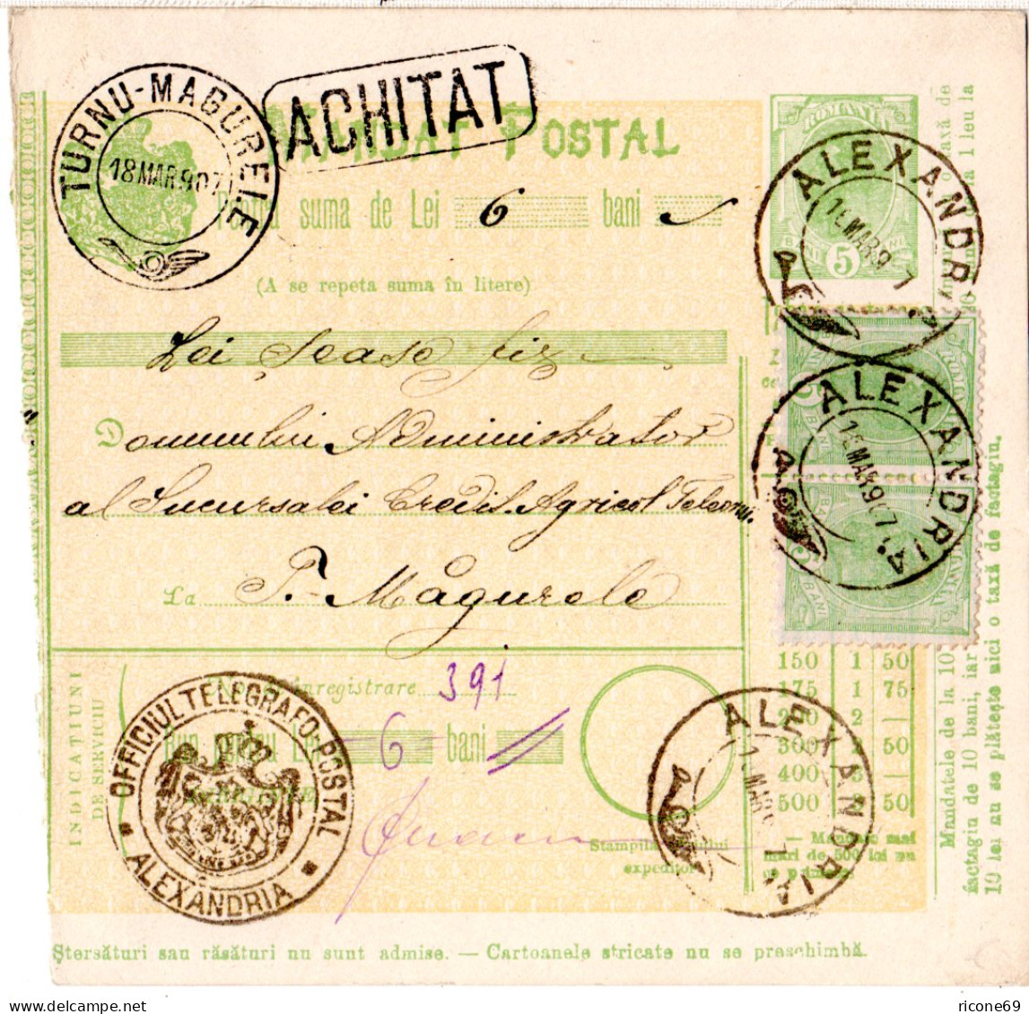 Rumänien 1907, 2x5 B. Auf 5 B. Postanweisung Ganzsache V. Alexandria. - Sonstige & Ohne Zuordnung
