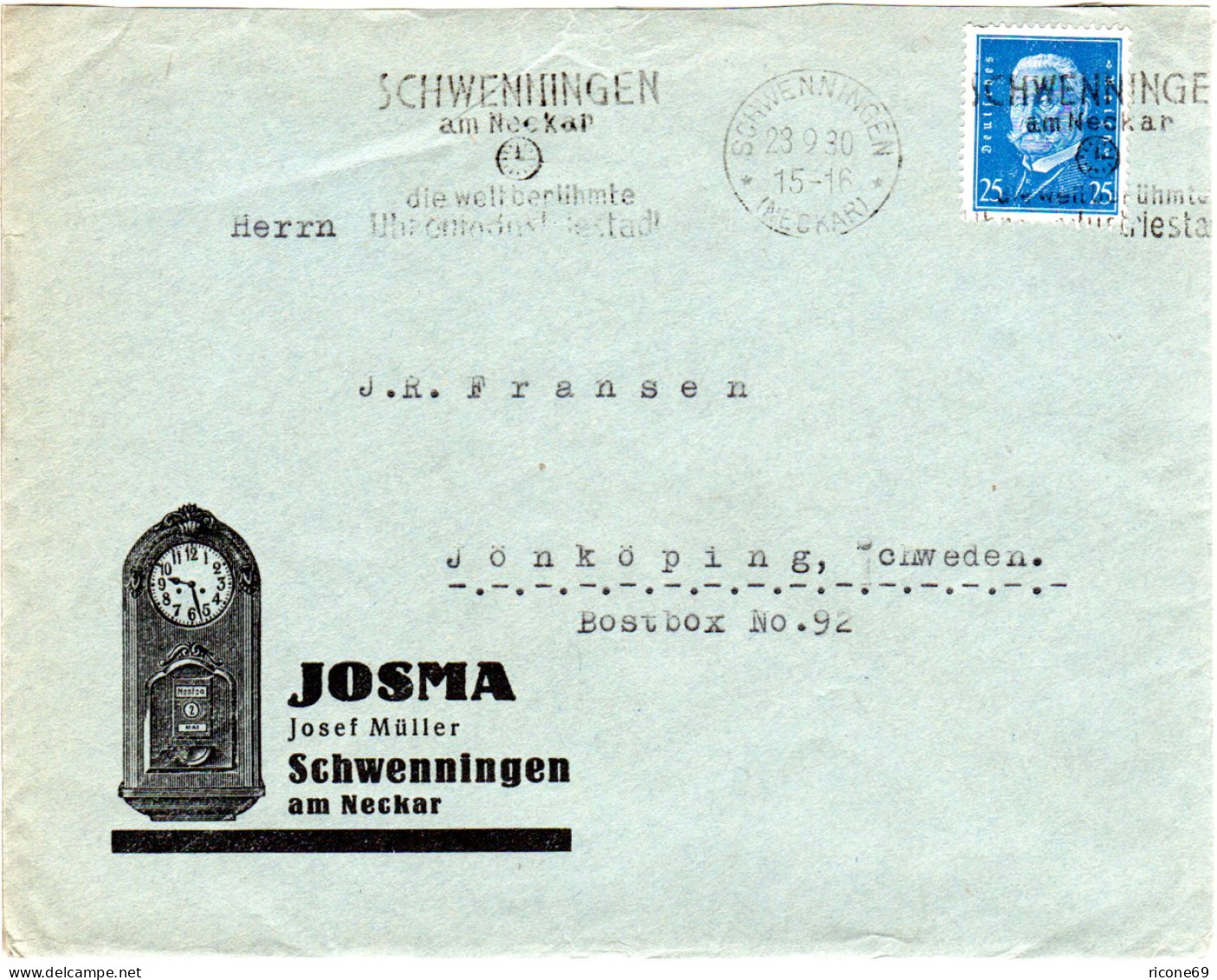 DR 1930, EF 25 Pf. Auf Brief M. Uhrenstadt Stpl. V. Schwenningen N. Schweden - Horloges