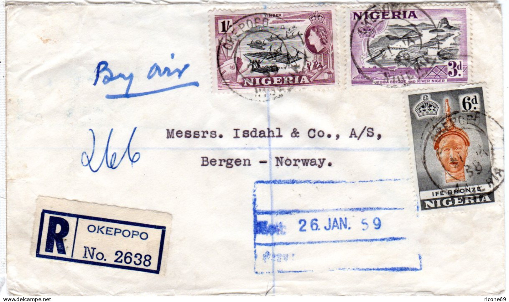 Nigeria 1959, 3+6d+1 Sh. Auf Luftpost Einschreiben Brief V. Okepopo N. Norwegen - Nigeria (1961-...)