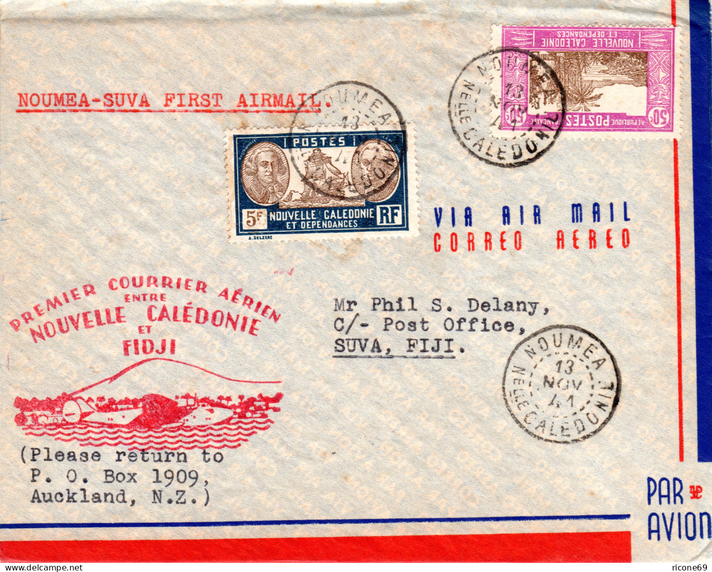 Nouvelle Caledonie 1941, Erstflug Brief NOUMEA-SUVA Fiji Inseln - Otros - Oceanía