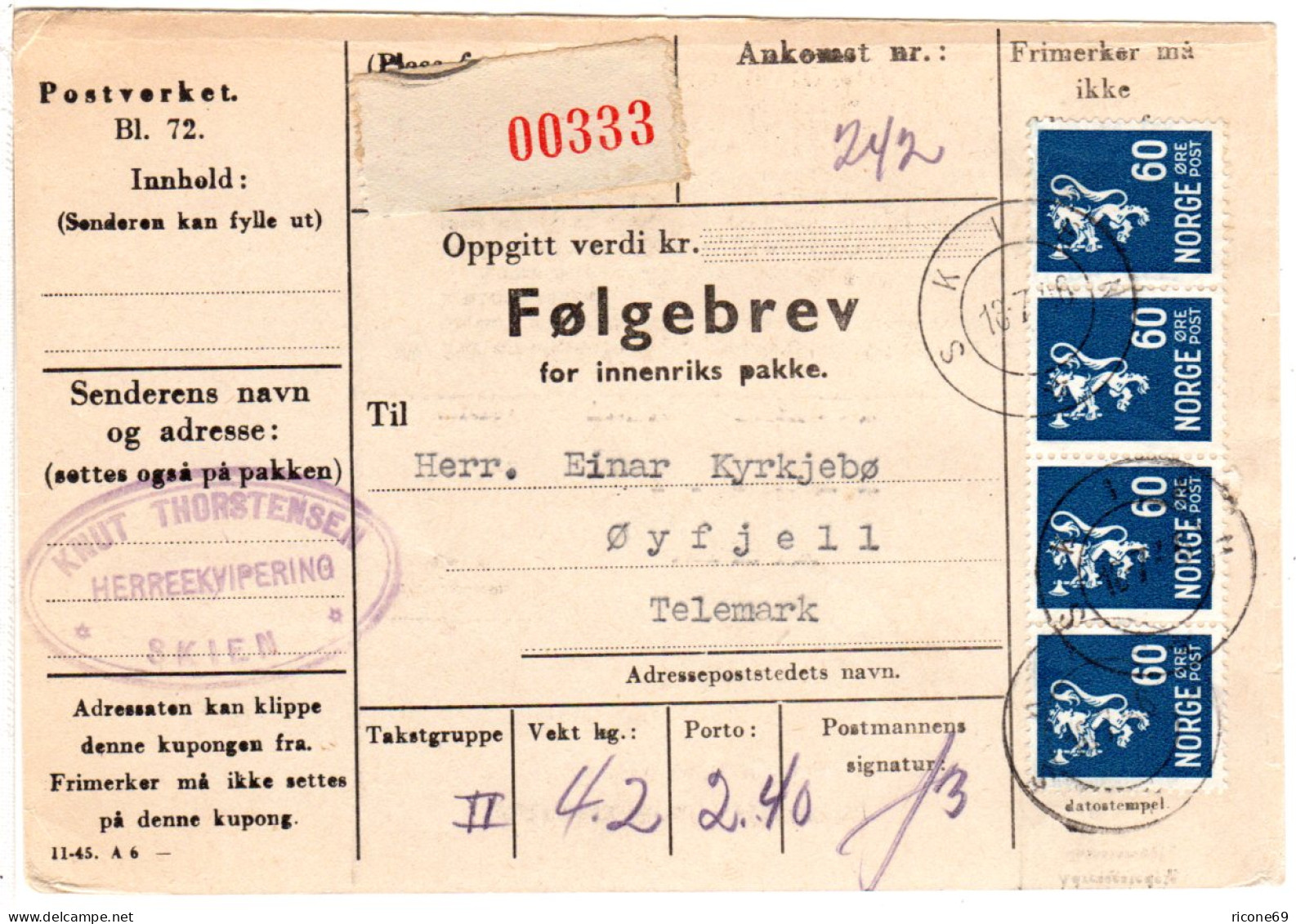 Norwegen 1946, MeF 4x60 öre Auf Paketkarte V. Skien - Briefe U. Dokumente