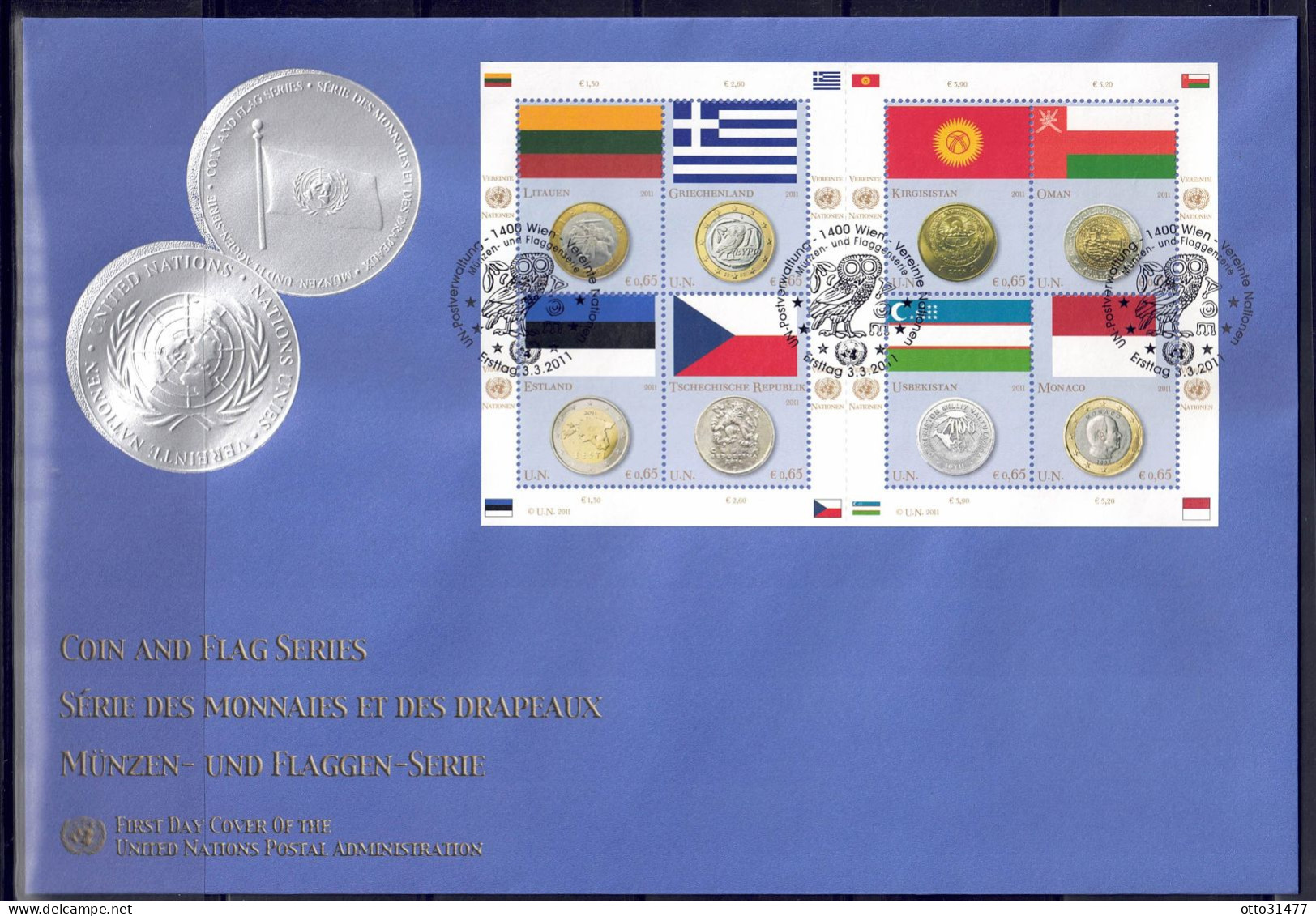 UNO Wien 2011 - Flaggen Und Münzen, FDC Mit 691 - 698 Im Kleinbogen - FDC