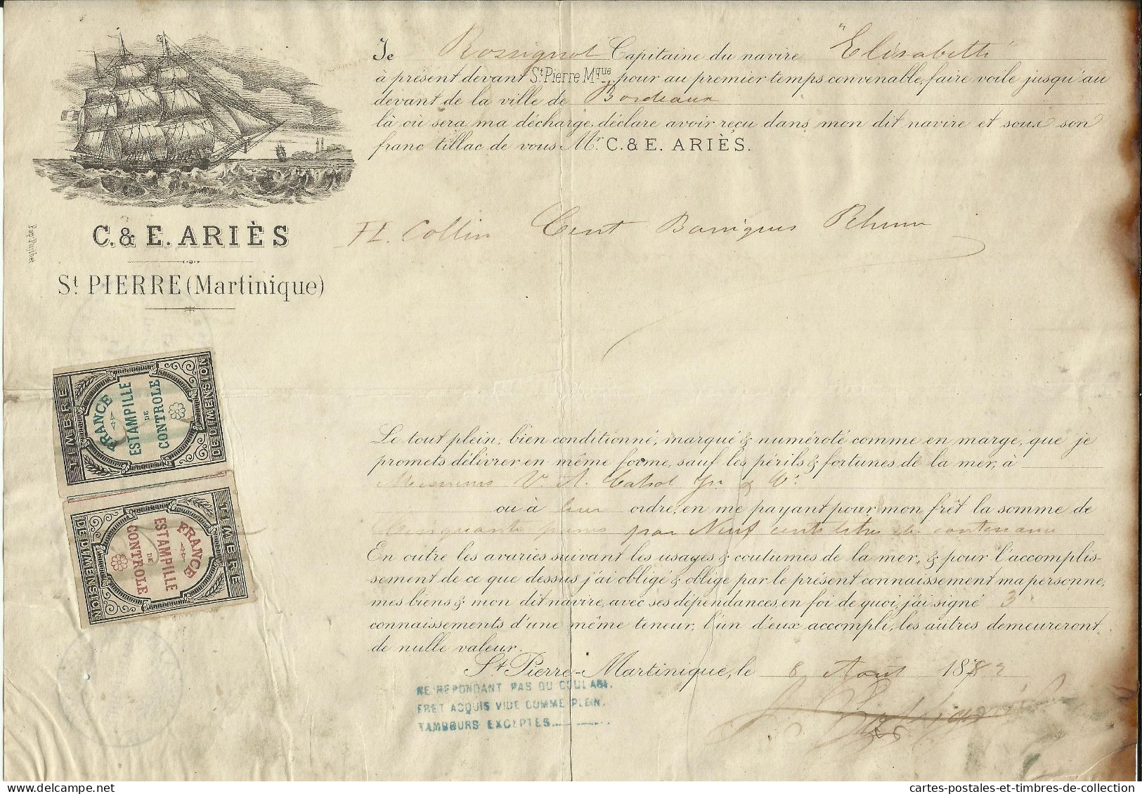 MARTINIQUE St Pierre , Document Maritime De C & E. ARIES , N°YT 4A & 5A , Taxe Sur Les CONNAISSEMENTS ( CN ) , 1882 , µ - Covers & Documents