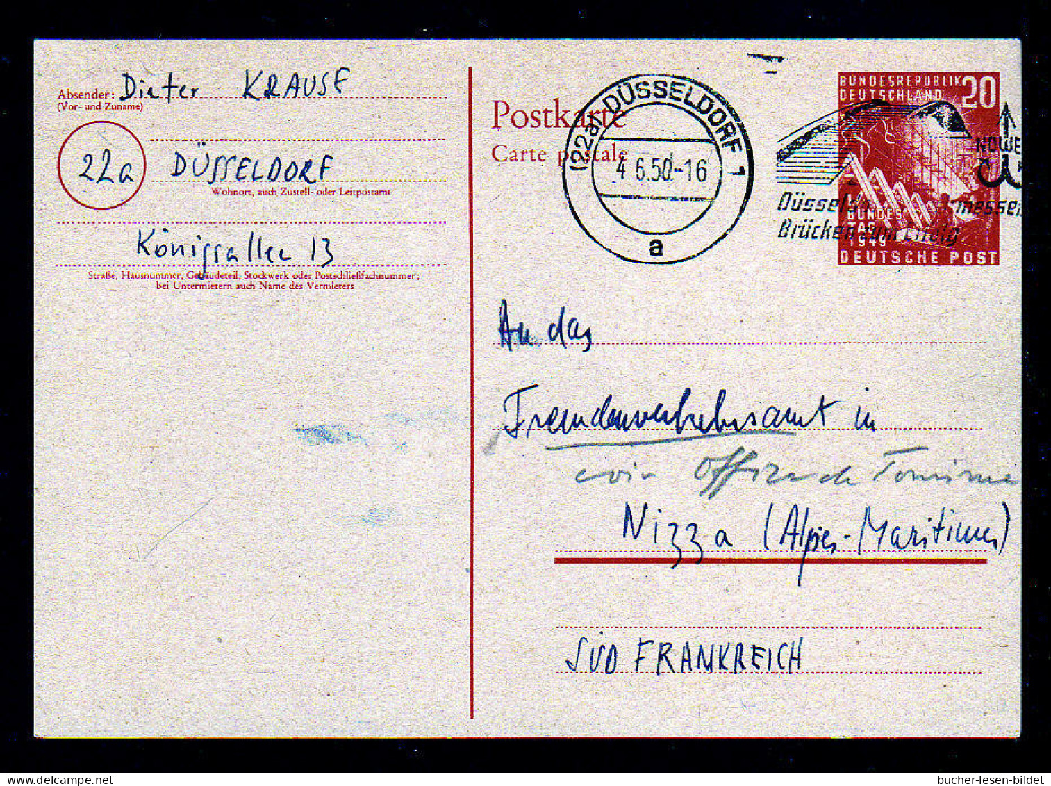 20 Pf. Sonder Ganzsache (PSo 2) Ab Düsseldorf Nach Nizza - Postcards - Used