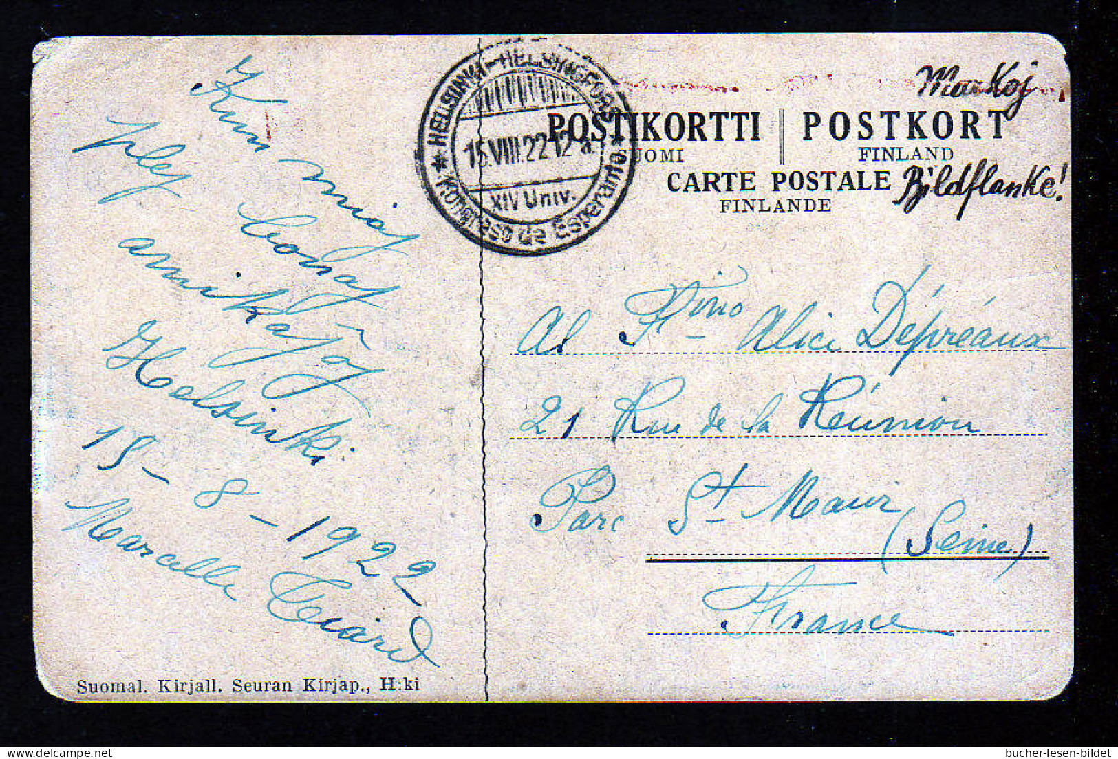 1922 - Esperanto Kongress Helsinki - Sonderstempel Auf Karte Nach Frankreich - Storia Postale