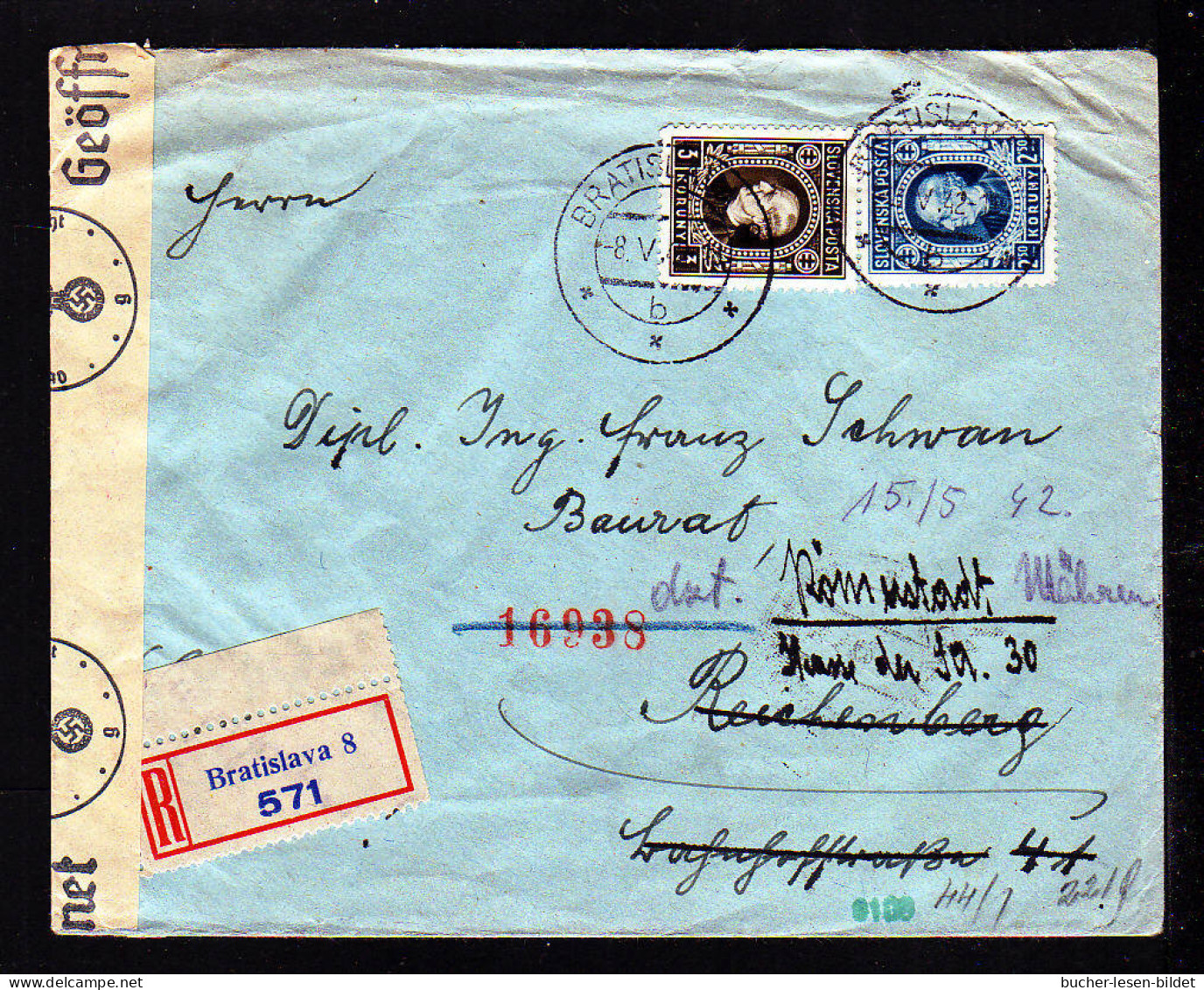 1942 - Einschreibbrief Ab Bratislava 8 Nach Reichenberg - Zensur - Storia Postale