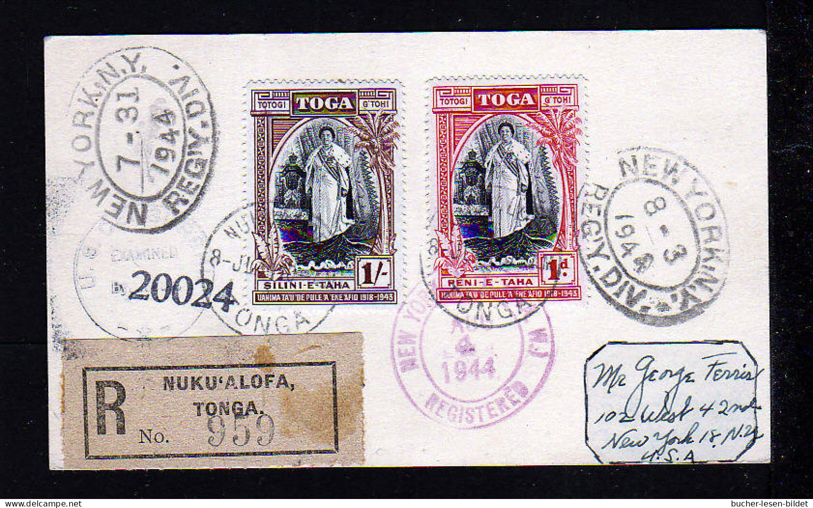 1944 - 1 P. Und 1 Sh. Auf Einschreibkarte (MIT  TEXT) Ab Nukualofa Nach USA - Tonga (...-1970)