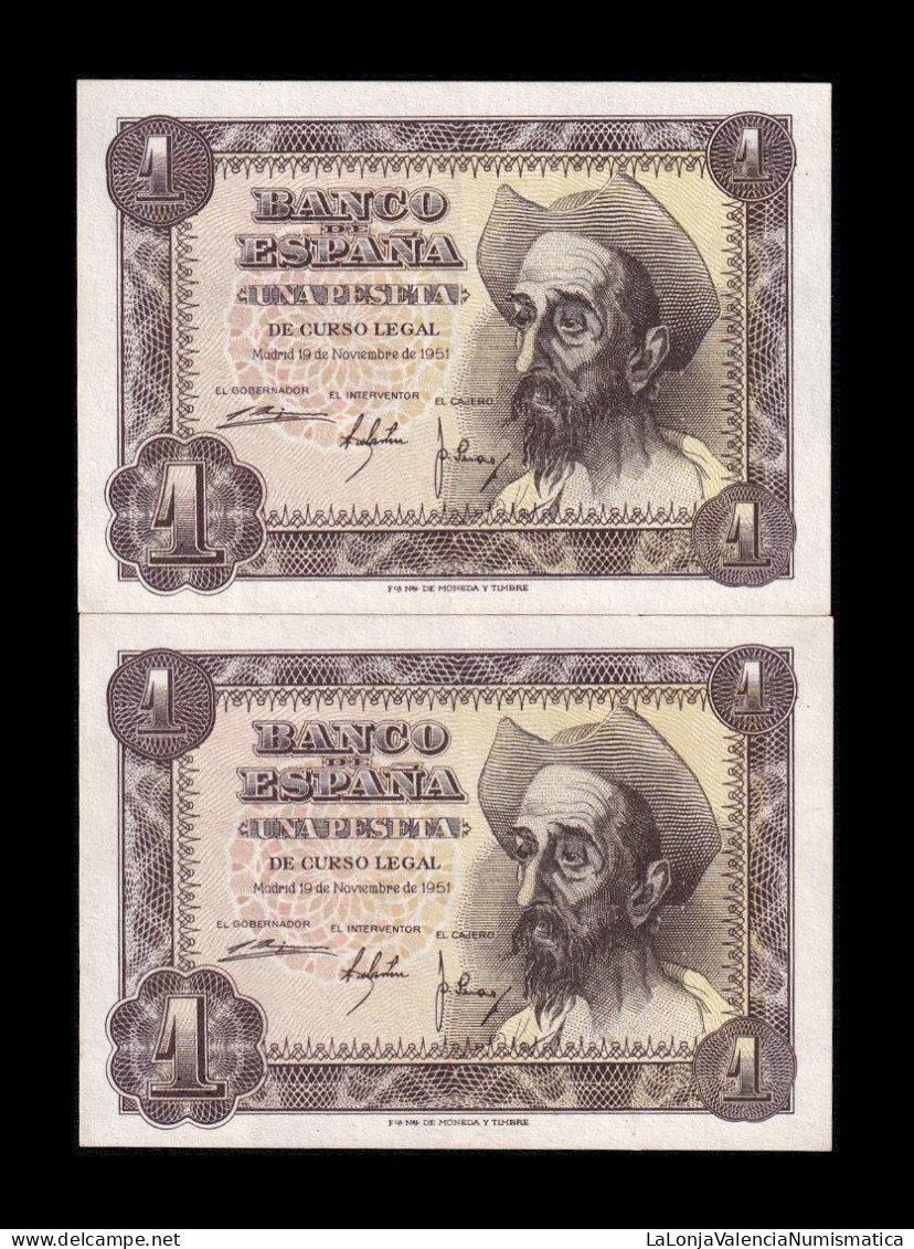 España Spain Lote 2 Billetes 1 Peseta Don Quijote De La Mancha 1951 Pick 139 Sc- AUnc - 1-2 Pesetas