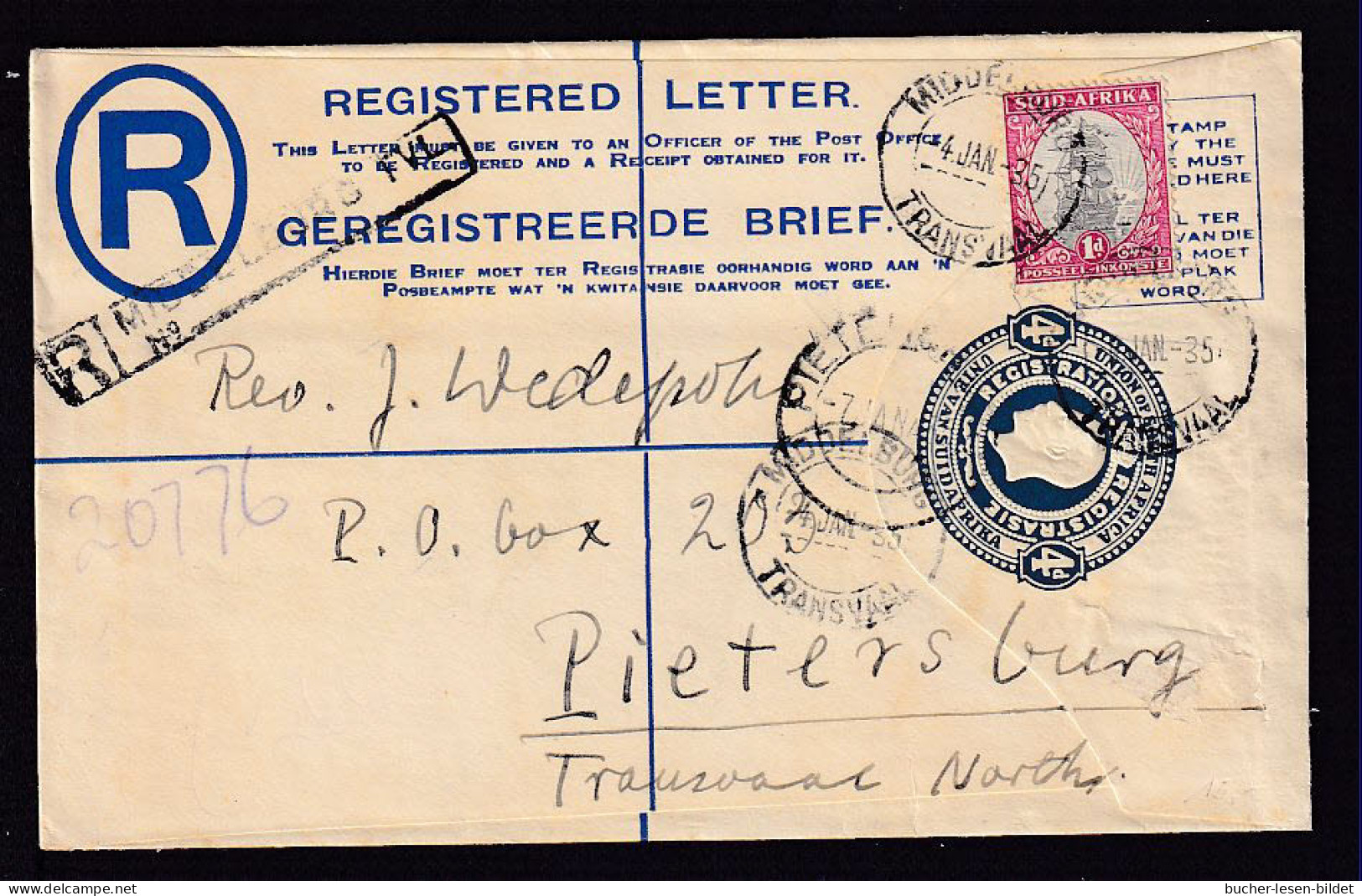 1935 - 4 P. Einschreib Ganzsache Ab MIDDELSBURG Nach Pietersburg - Covers & Documents