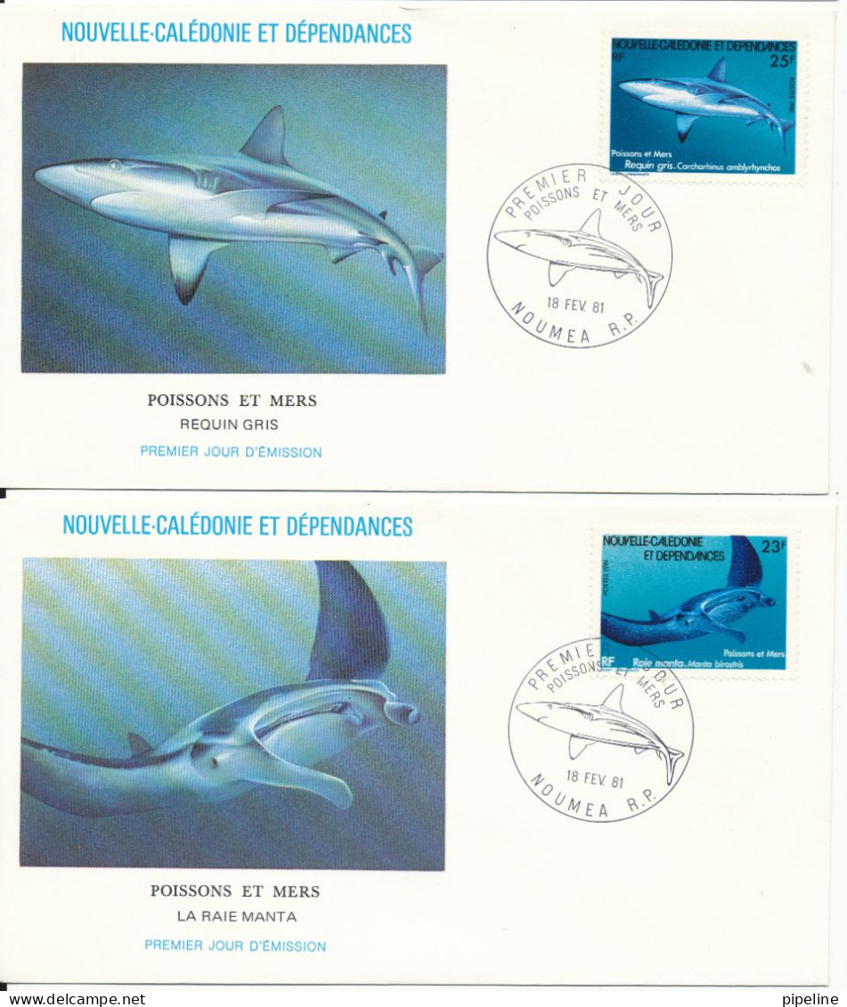 New Caledonia FDC 18-2-1981 SHARKS Complete Set Of 2 On 2 Covers With Cachet - FDC