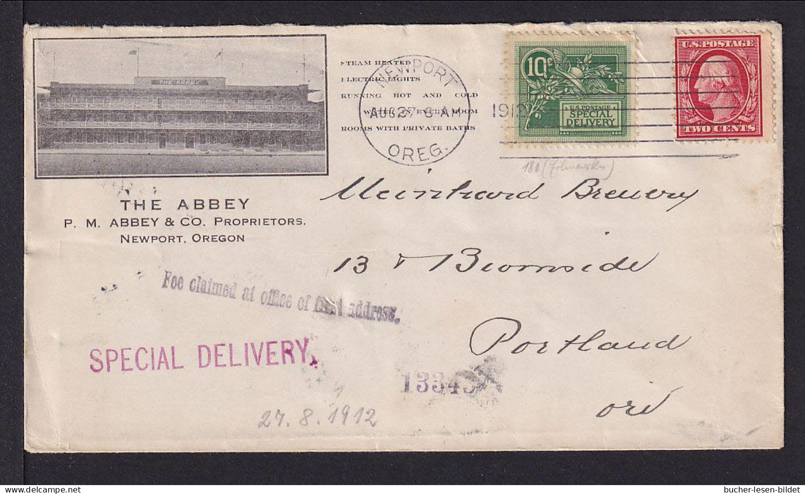 1912 - 10 C. Express-Marke In Grün Auf Expressbrief Ab Newport Nach Portland. - SEHR  SELTEN - Special Delivery, Registration & Certified